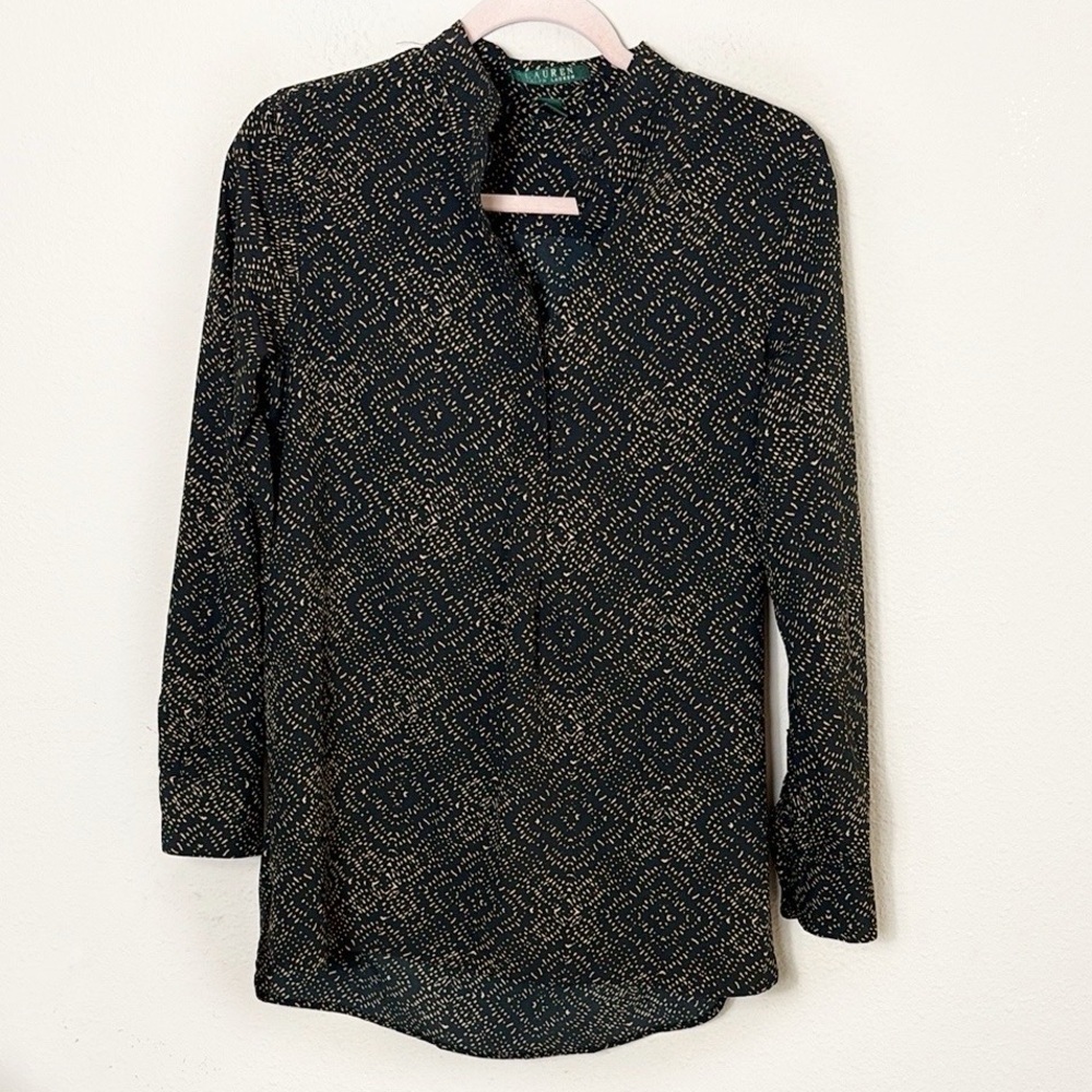 Lauren Ralph Lauren Black‎ Beige Print Blouse Tunic Long Sleeve size XS